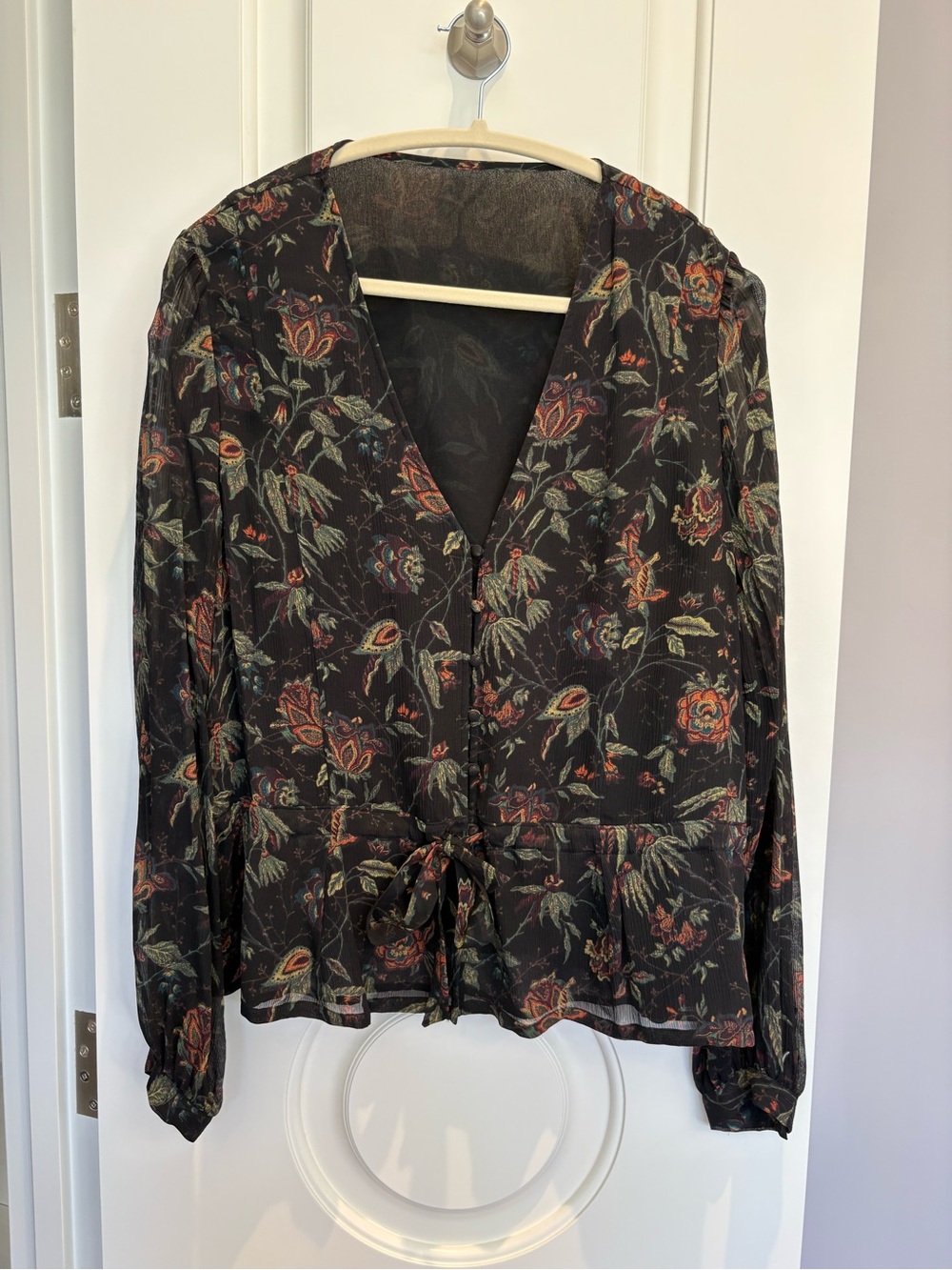 PAIGE Black Floral V-Neck Tie-Waist Blouse